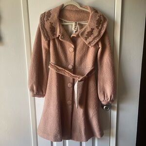 Artka Mauve Pea Coat with Belt Embroidery Vintage Style Cottagecore